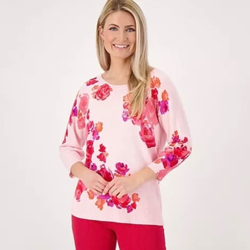Isaac Mizrahi Live Pink Floral Sequin Sweater Large Preppy Coquette Romantic
